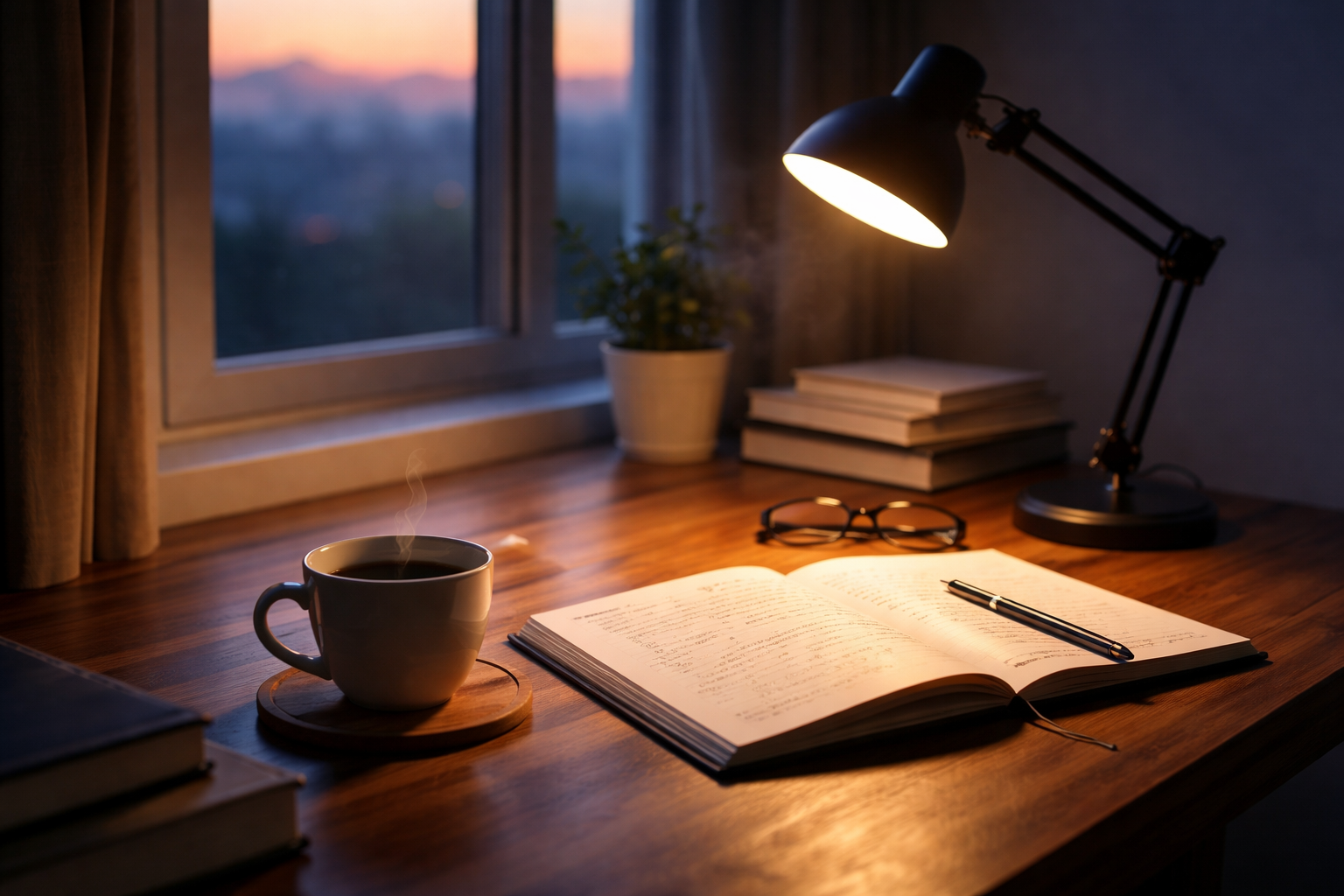 早朝の静かな時間にデスクでノートとコーヒーを前に勉強する様子