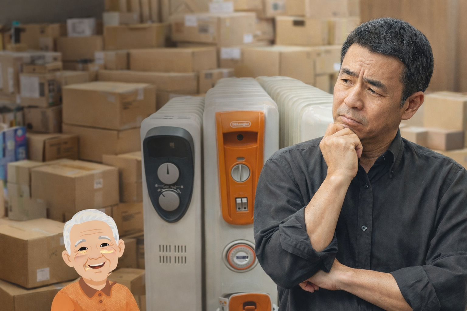 引っ越し用の段ボールやオイルヒーターを前に、考え込む中年男性の様子