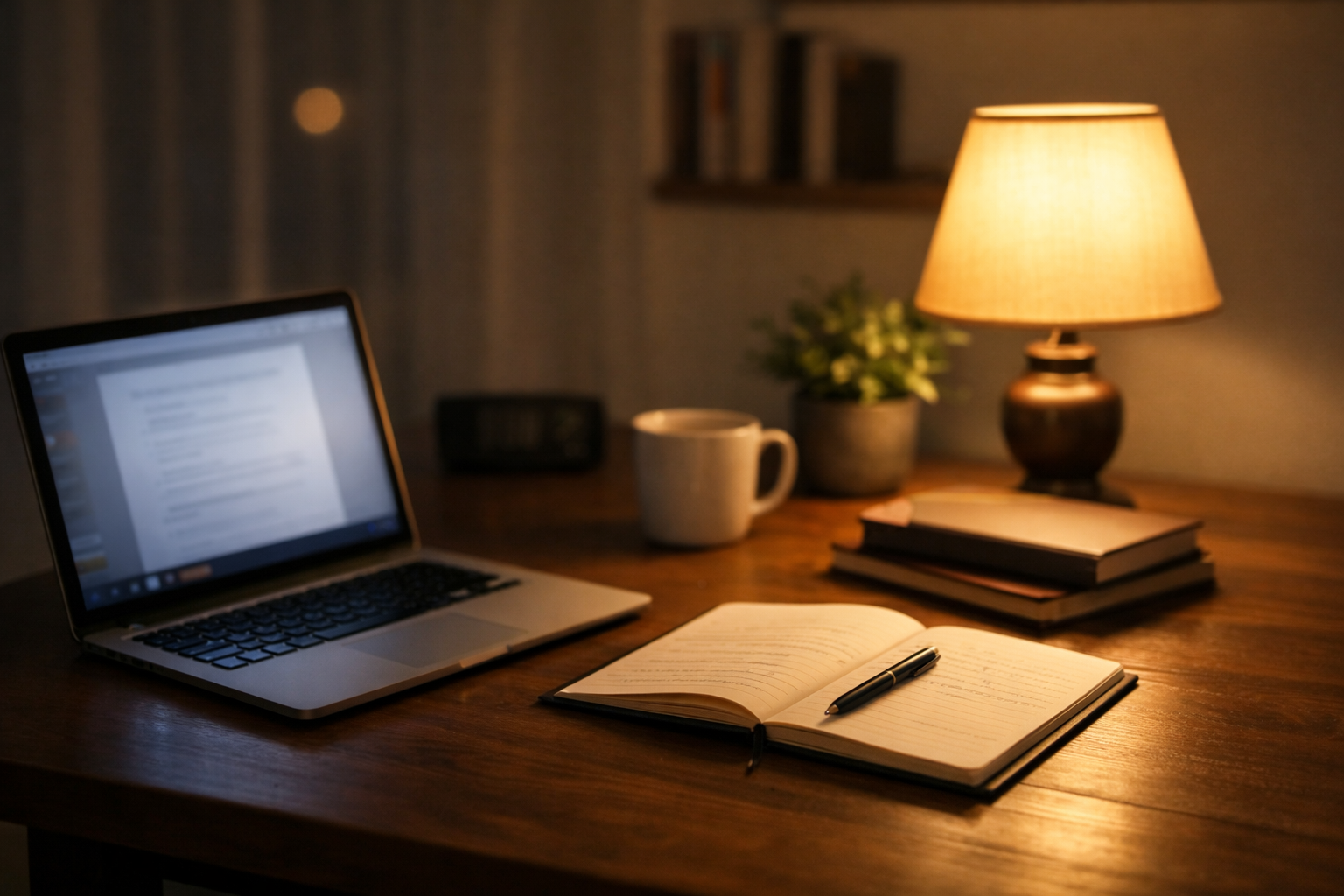 静かな部屋でノートPCとノートを前に学習計画を考えている勉強風景