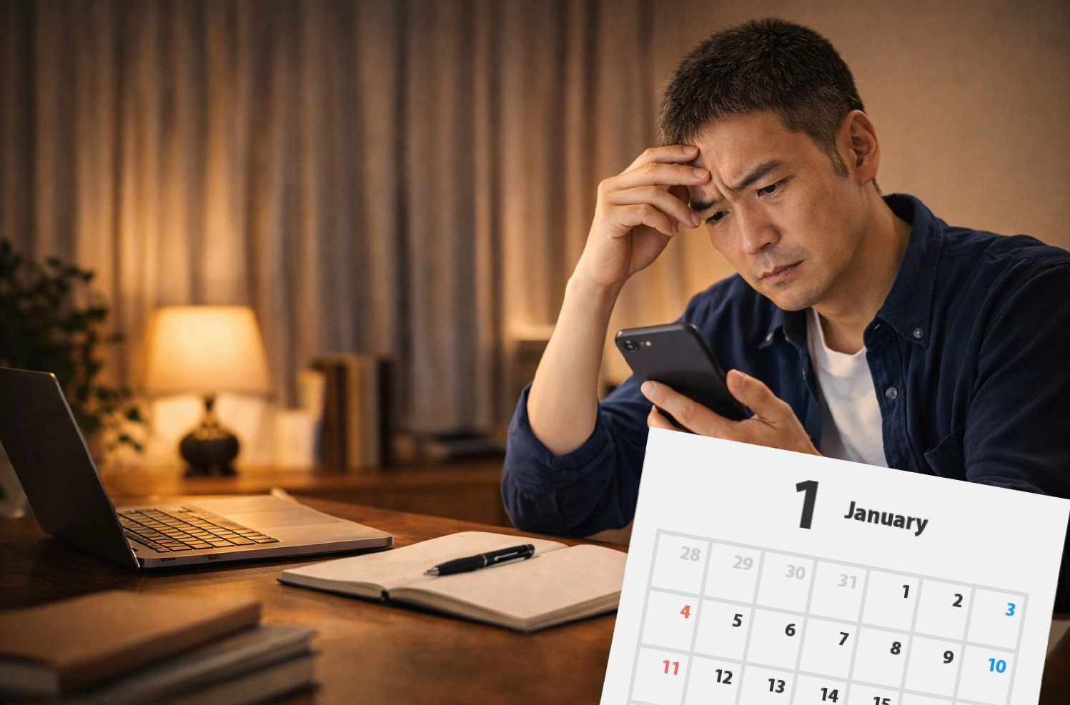 資格試験の受験日調整に悩みながら学習計画を考える40代男性の勉強風景