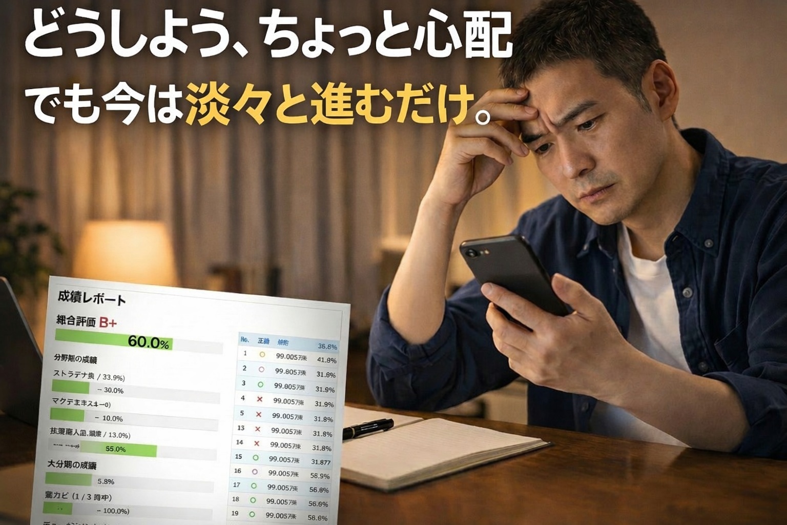 勉強の途中で少し不安を感じながらも、スマートフォンを見つめて考え込む48歳の男性の学習風景