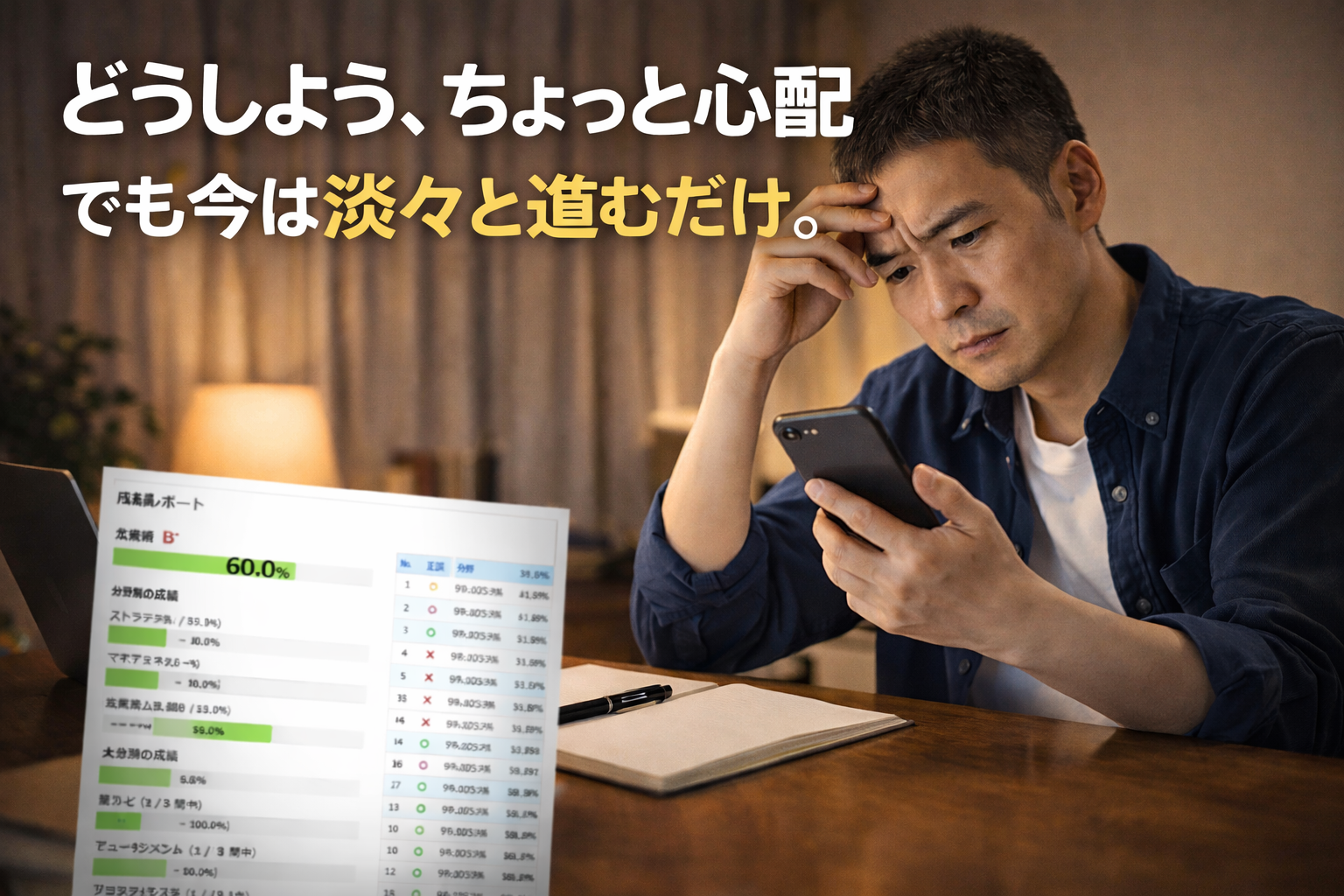 勉強の途中で少し不安を感じながらも、スマートフォンを見つめて考え込む48歳の男性の学習風景