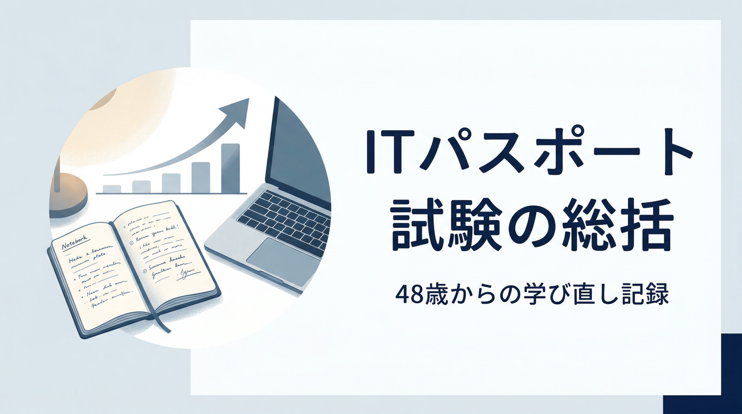 青グレーを基調に、ノートPCやノート、学習の積み重ねをイメージしたモチーフとともに、「ITパスポート試験の総括」「48歳からの学び直し記録」と表示したブログ用アイキャッチ画像