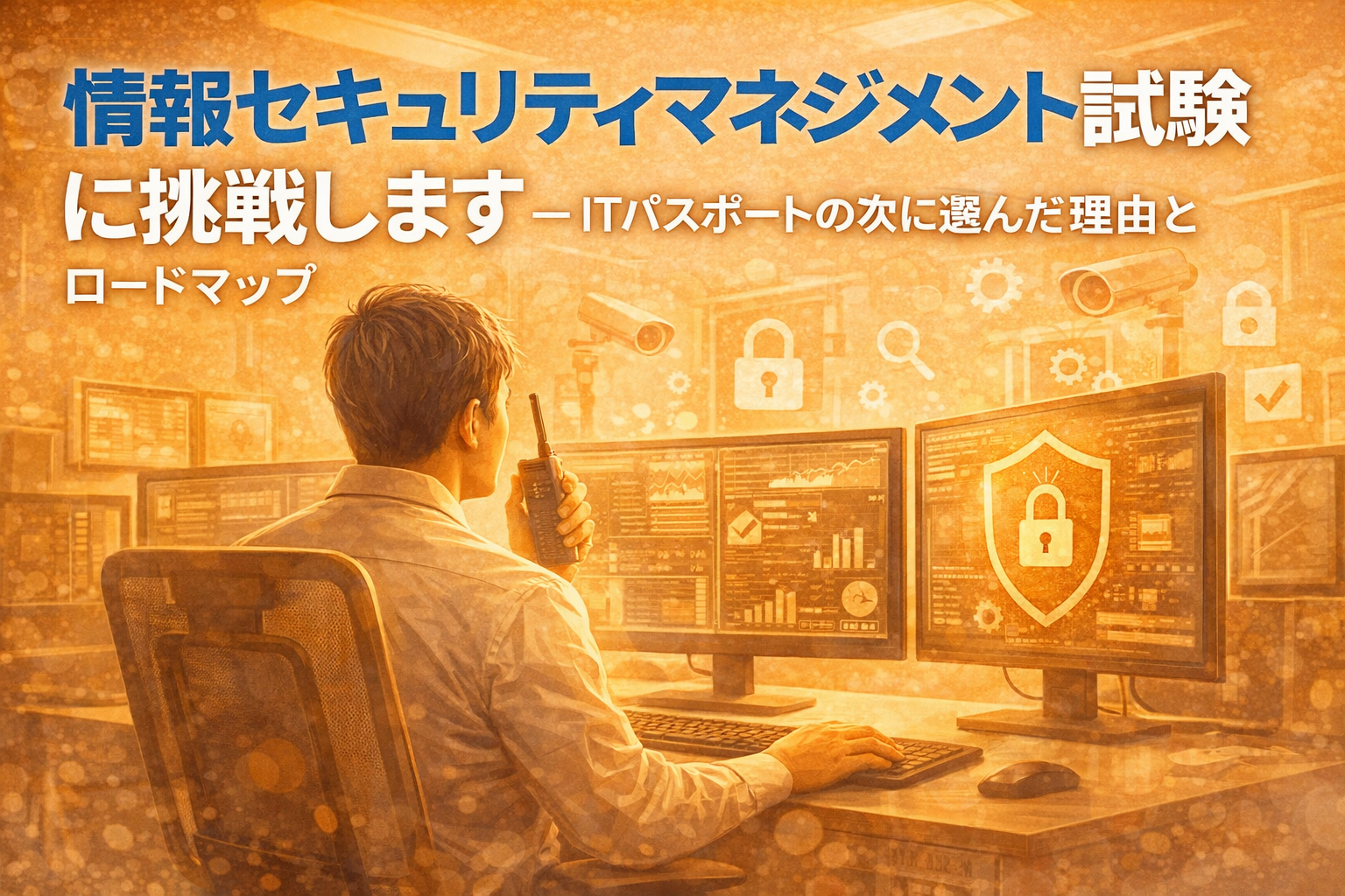 情報セキュリティマネジメント試験に向けて、現場で複数のモニターを確認しながら業務に取り組む社会人の学習イメージ