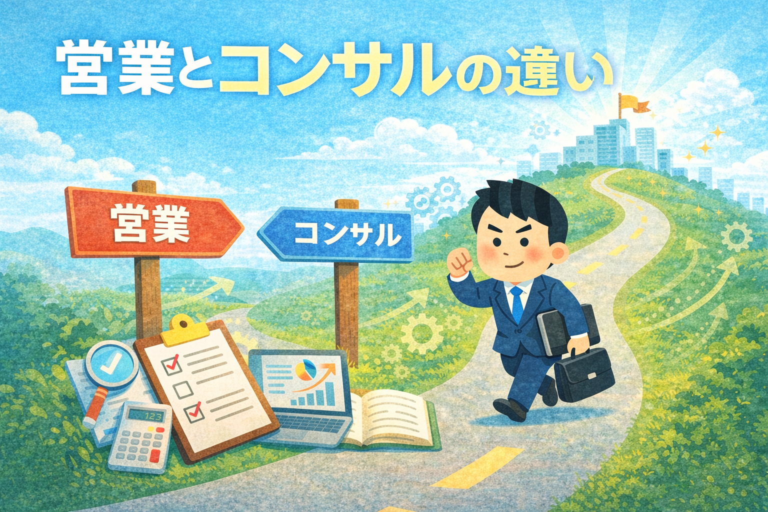 営業とコンサルの違いをテーマに、分かれ道の前で進路を考えるビジネスパーソンのイラスト