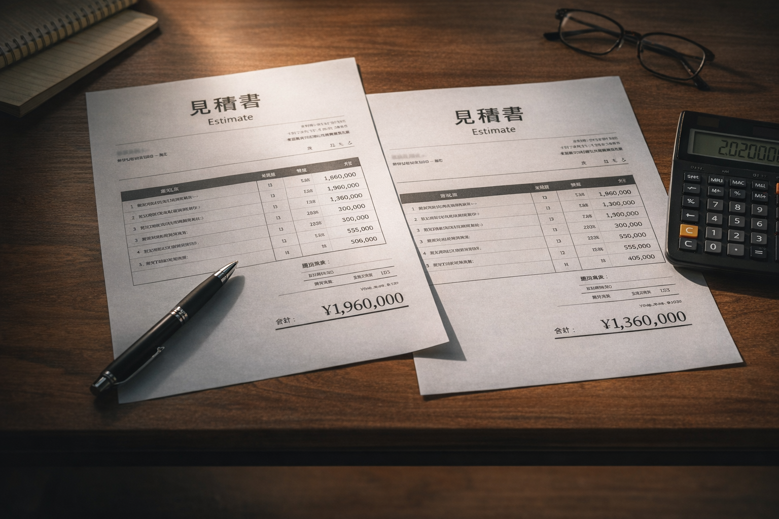 見積書を前に、仕事の進め方や判断について静かに考え込むビジネスパーソンのデスク風景