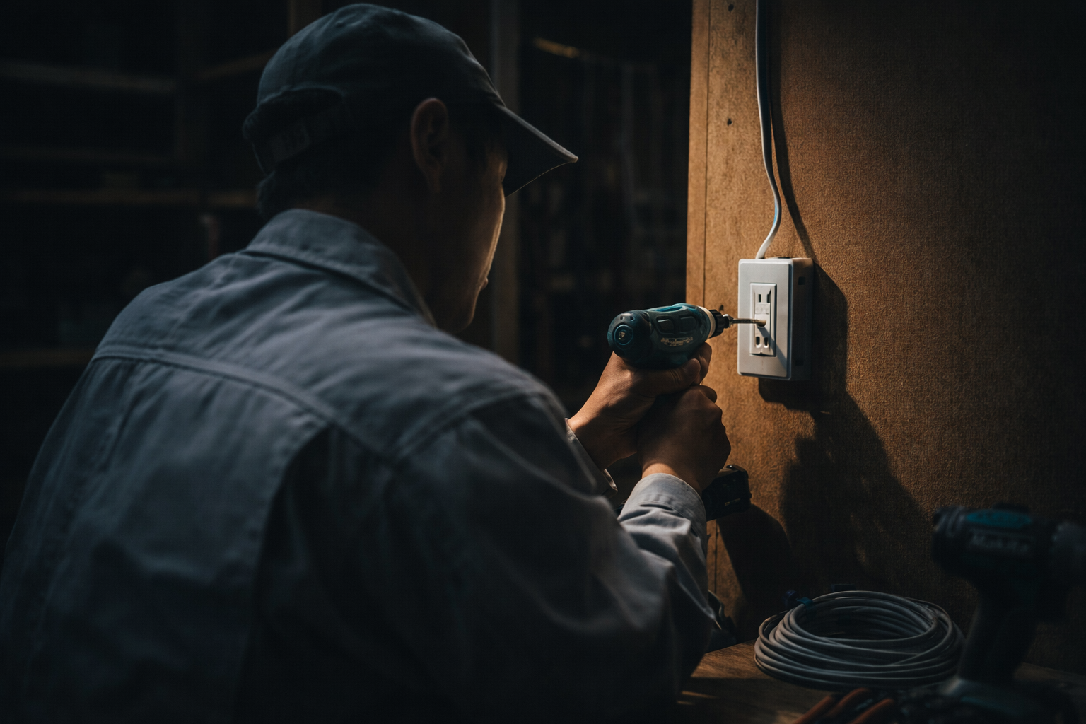 物置内で電源工事を行う職人。工具を手に、手際よくコンセントを設置している様子。