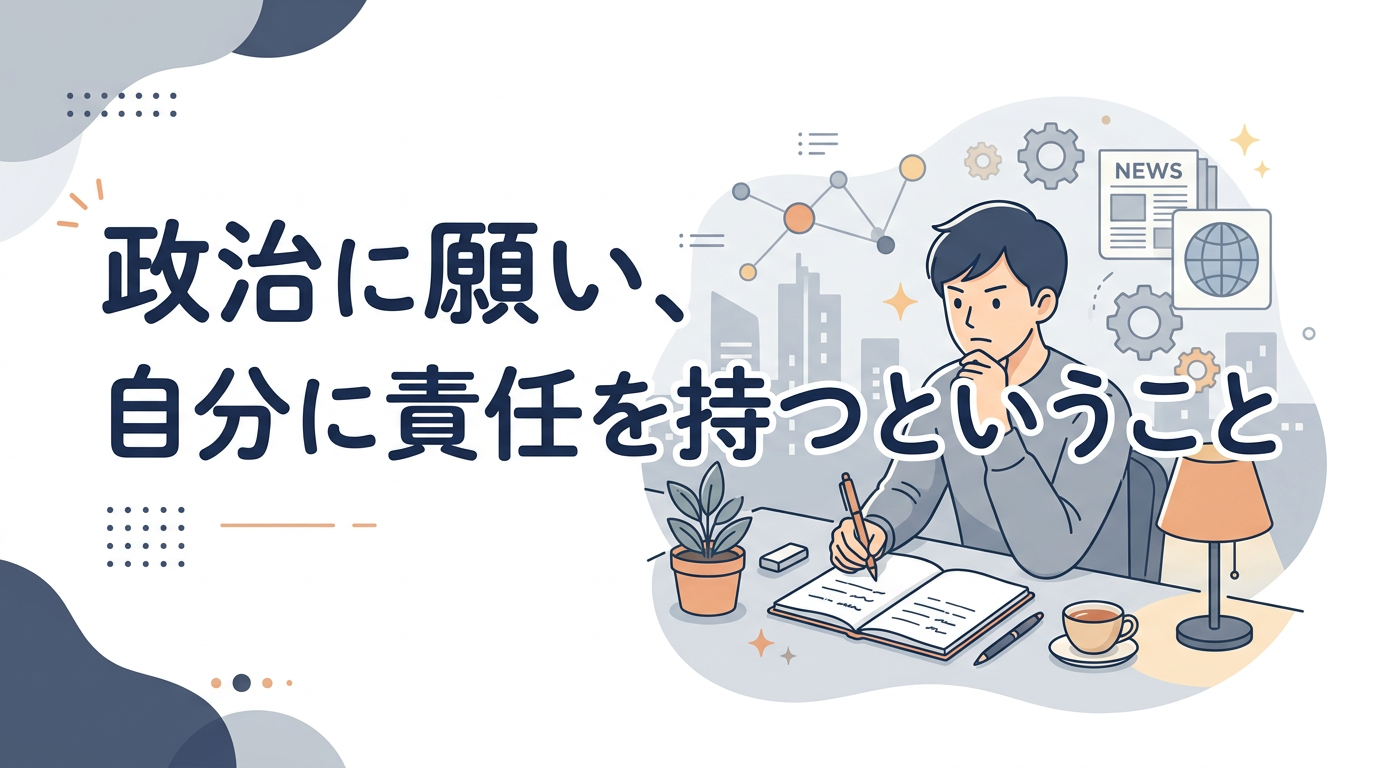 ネイビーとグレーを基調に、ノートやペン、落ち着いた内省的な雰囲気のモチーフとともに、「政治に願い、自分に責任を持つということ」と表示したブログ用アイキャッチ画像。