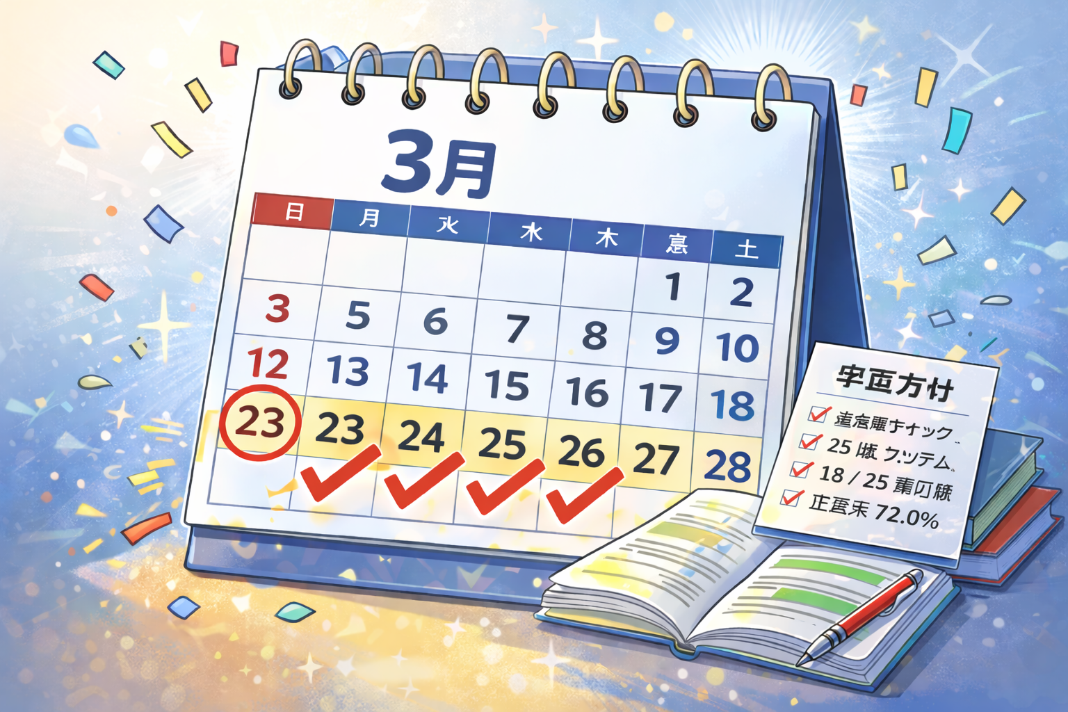 3月のカレンダーで23日週が強調され、学習計画とチェックマークが描かれた、情報セキュリティマネジメント試験に向けた学習方針をイメージしたイラスト