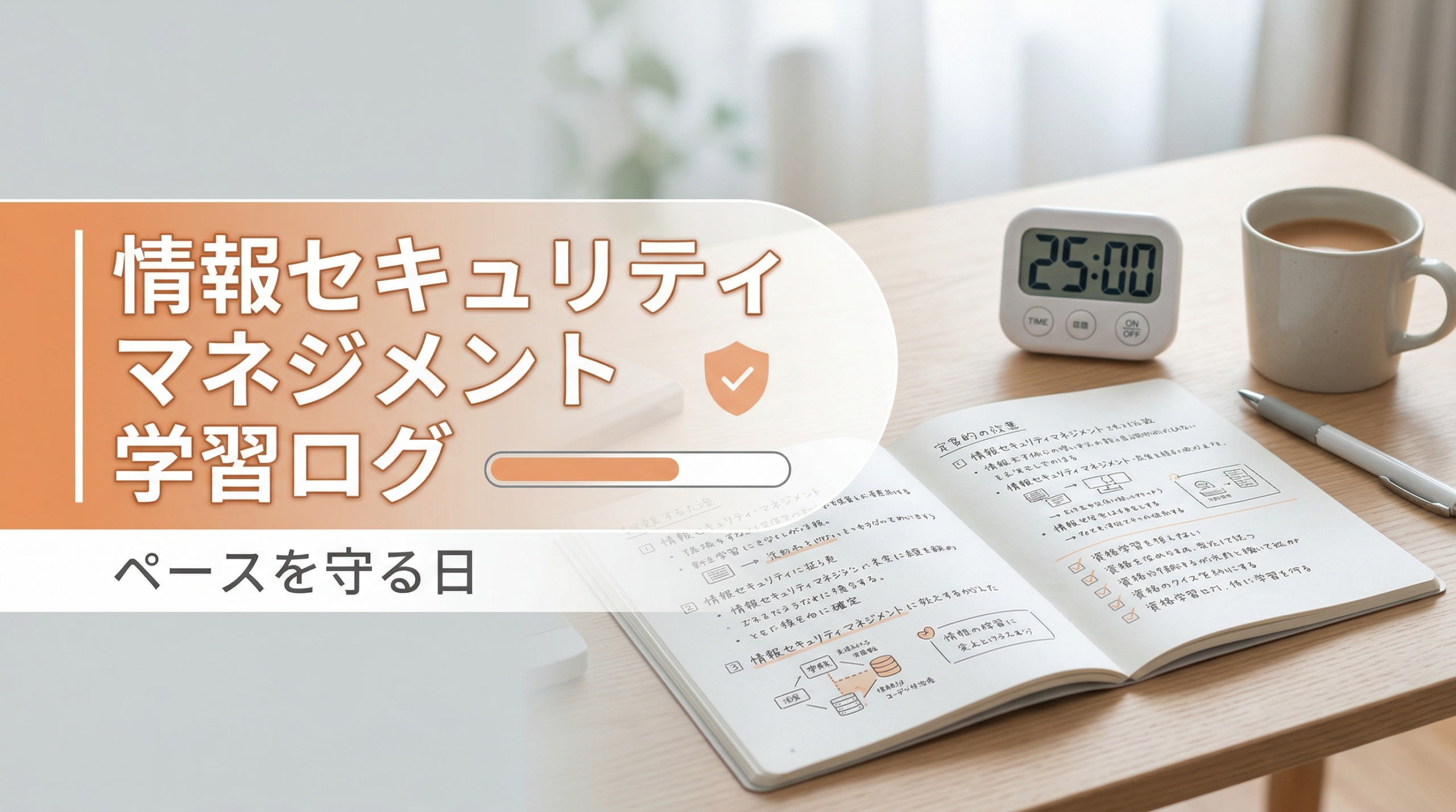 淡いオレンジを基調に、ノートやタイマー、チェックマークなど落ち着いた学習の継続をイメージした要素とともに、「情報セキュリティマネジメント 学習ログ」「ペースを守る日」と表示したアイキャッチ画像