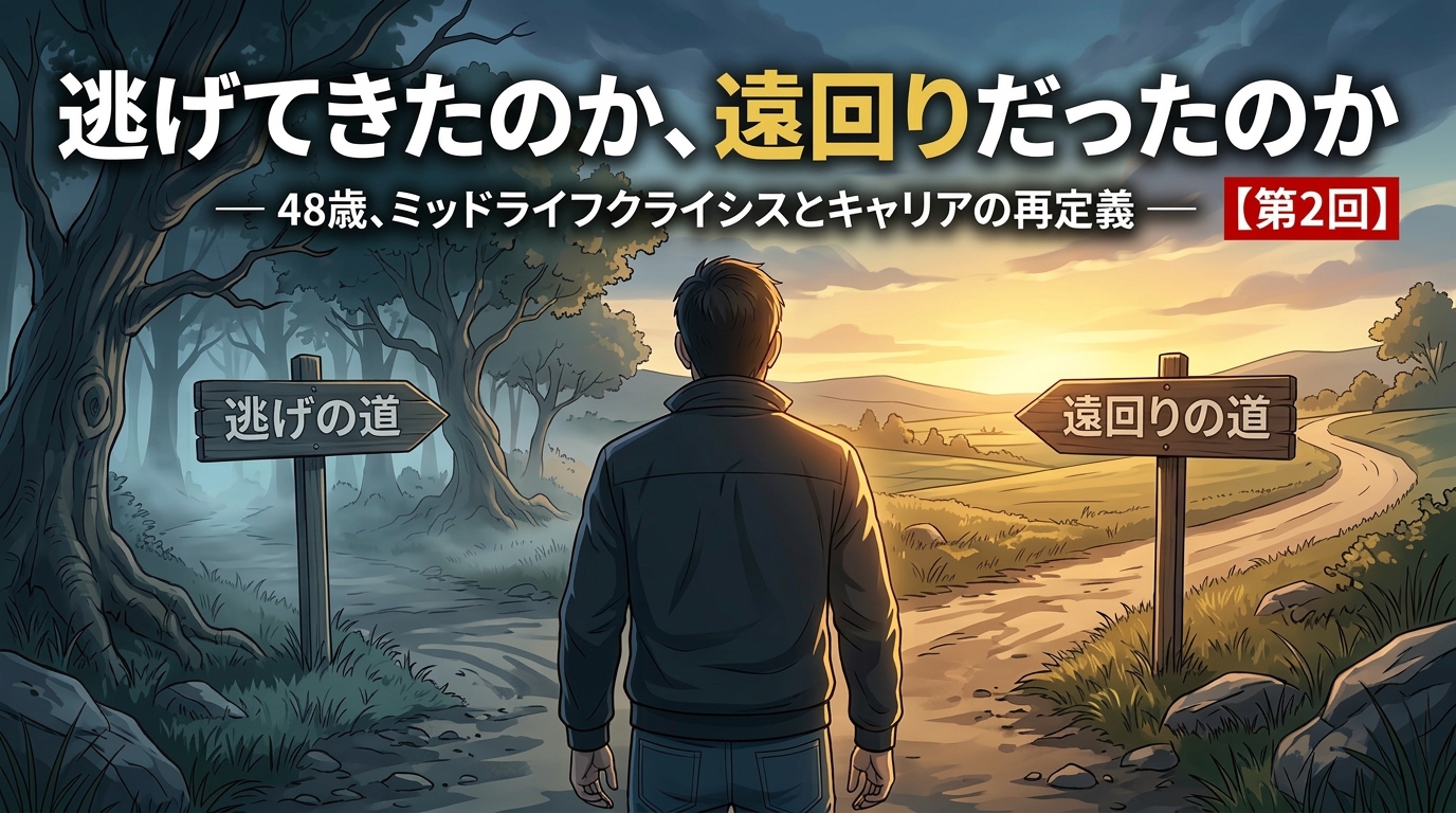 48歳の男性が分かれ道に立つ姿。ミッドライフクライシスとキャリア選択を表すイメージ