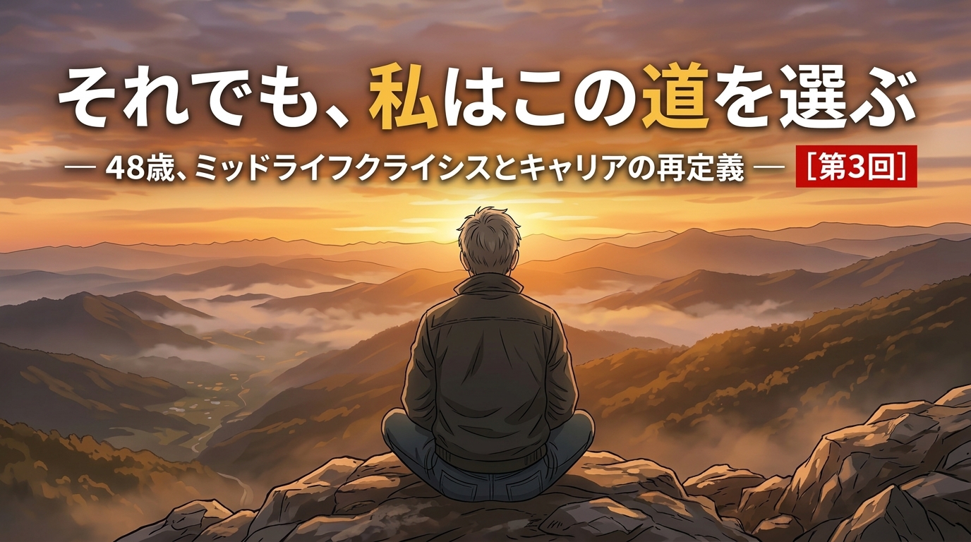 48歳男性が夕焼けの山頂に立つ後ろ姿と「ミッドライフクライシス第3回」のタイトルが入ったブログアイキャッチ画像