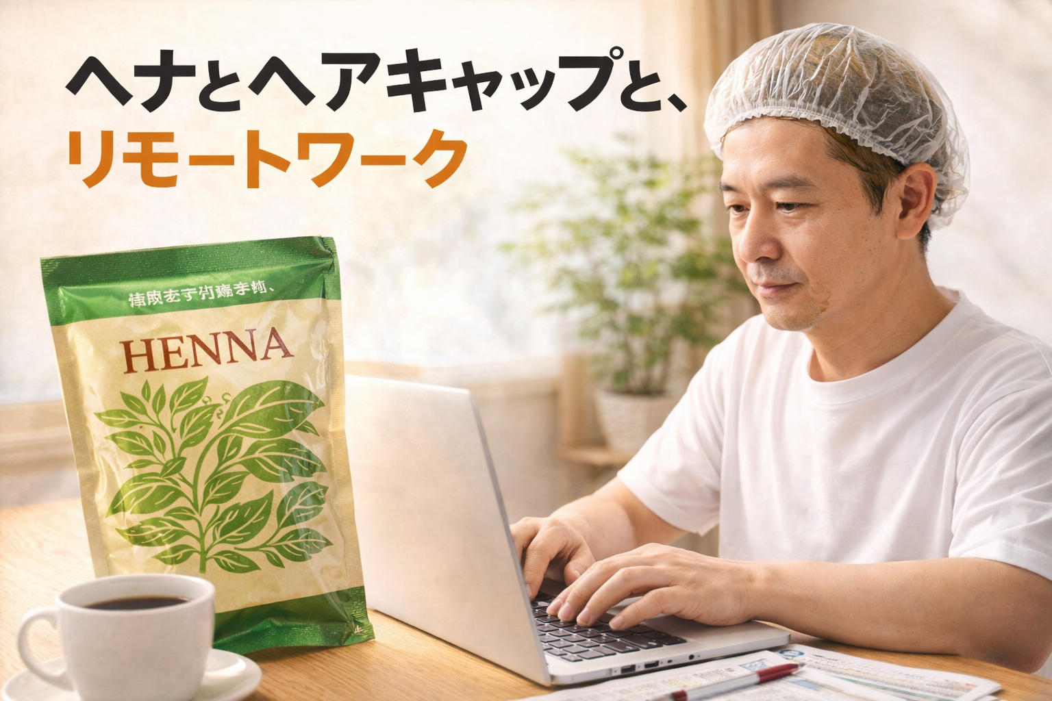 ヘナで白髪染めをしながら自宅でリモートワークをする男性の様子