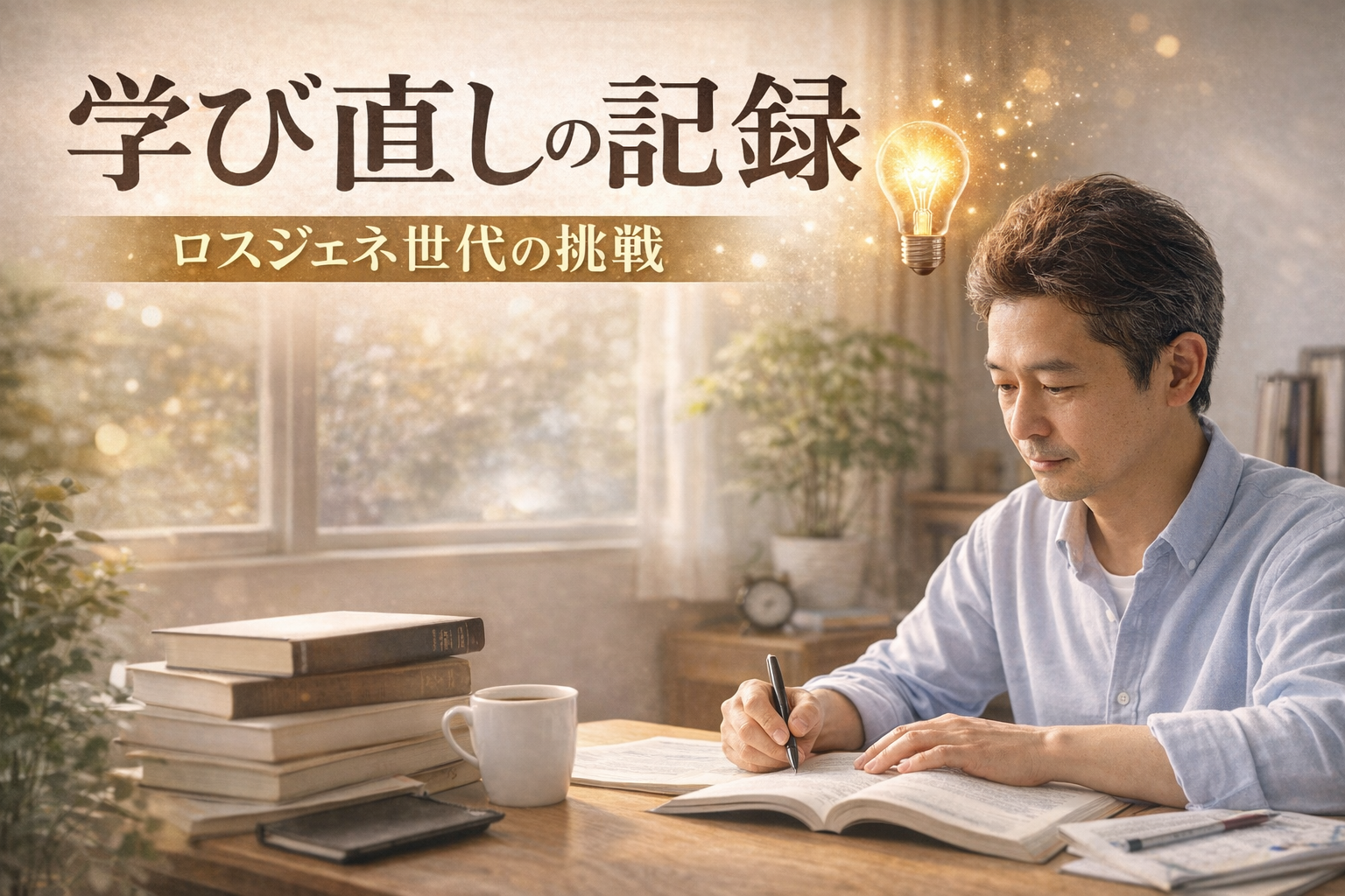 机に向かって学習する中年男性の姿と「学び直しの記録 ロスジェネ世代の挑戦」というタイトルが入ったブログ用アイキャッチ画像。