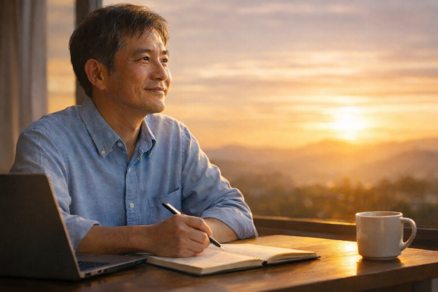 夕焼けの窓辺で学習する中年男性と「年齢は関係ない。積み上げた人が最後に笑う。」のメッセージ。