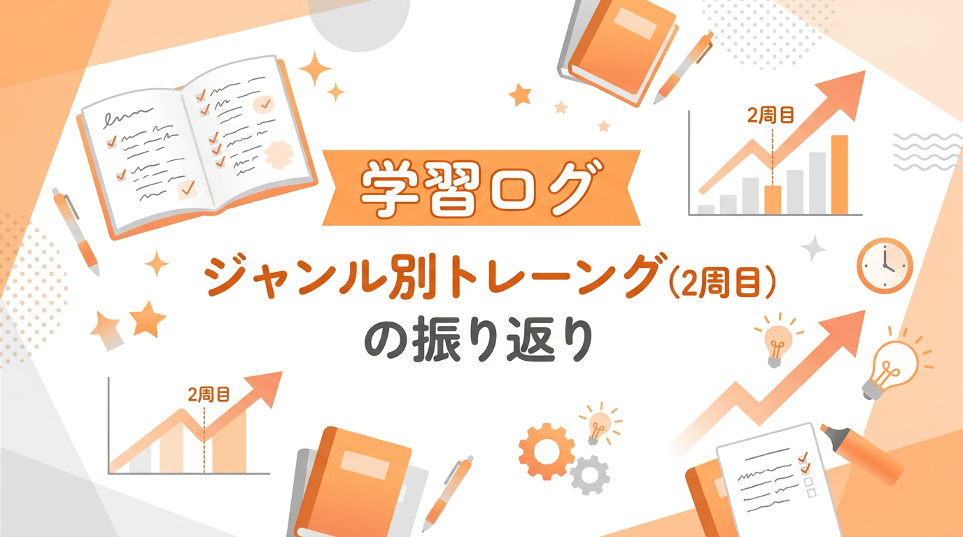 オレンジを基調に、ノートや学習資料、チェックマーク、進捗をイメージしたモチーフとともに、「学習ログ」「ジャンル別トレーニング（2周目）の振り返り」と表示したブログ用アイキャッチ画像。