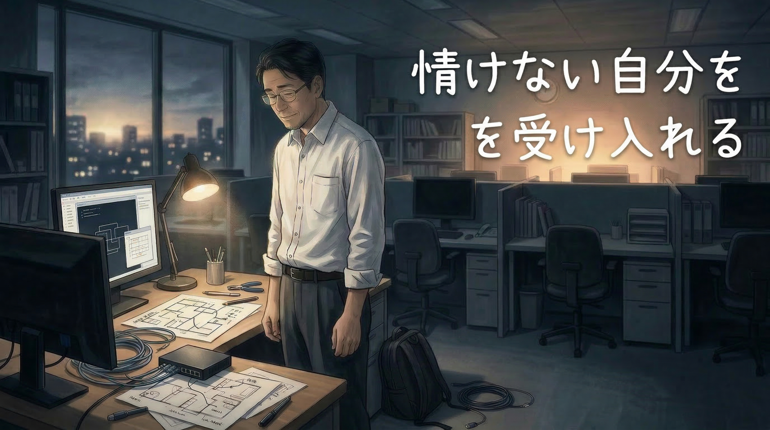 夜のオフィスで、少しやわらかな表情の中年男性が立ち、失敗を振り返りながらも前を向こうとする雰囲気を描いたブログ用アイキャッチ。机の上にはネットワーク機器やLANケーブル、図面があり、画像内に「情けない自分を受け入れる」というタイトルが入っている。