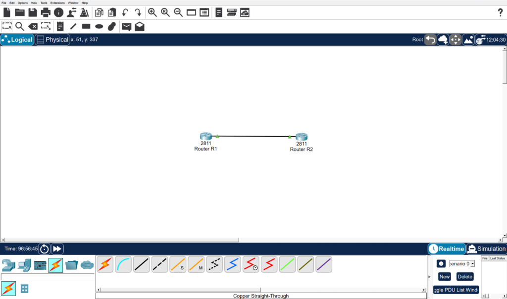 Cisco Packet TracerのLogical画面で、2811ルーターのR1とR2を1本のケーブルで接続した、CCNA学習初期の構成図。