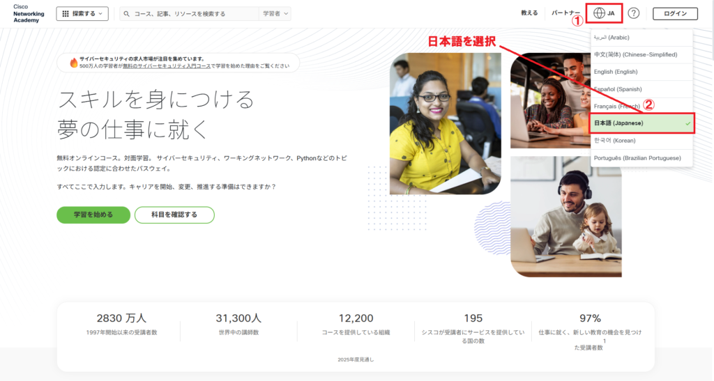 Cisco Networking Academyのトップページで、右上の言語メニューから日本語を選択する手順を示した画面。