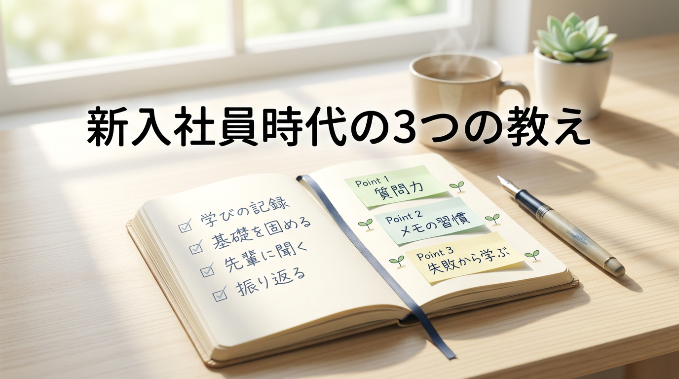 淡いグリーンを基調に、ノートや万年筆、付箋、チェックマークをやさしく配置し、『新入社員時代の3つの教え』と表示した、春らしい雰囲気のブログ用アイキャッチ画像。