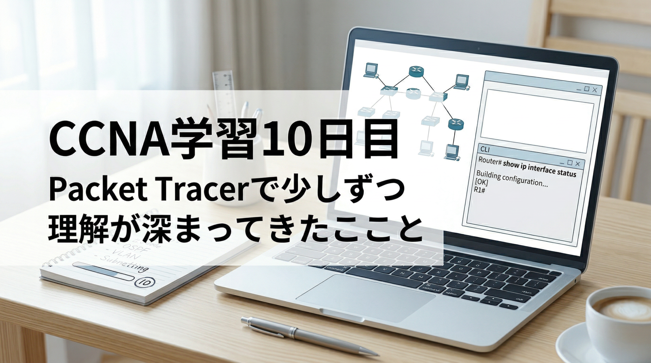 淡いブルーを基調に、ノートPCや学習メモ、CLI画面を思わせる要素をやさしく配置し、『CCNA学習10日目』『Packet Tracerで少しずつ理解が深まってきたこと』と表示したブログ用アイキャッチ画像。