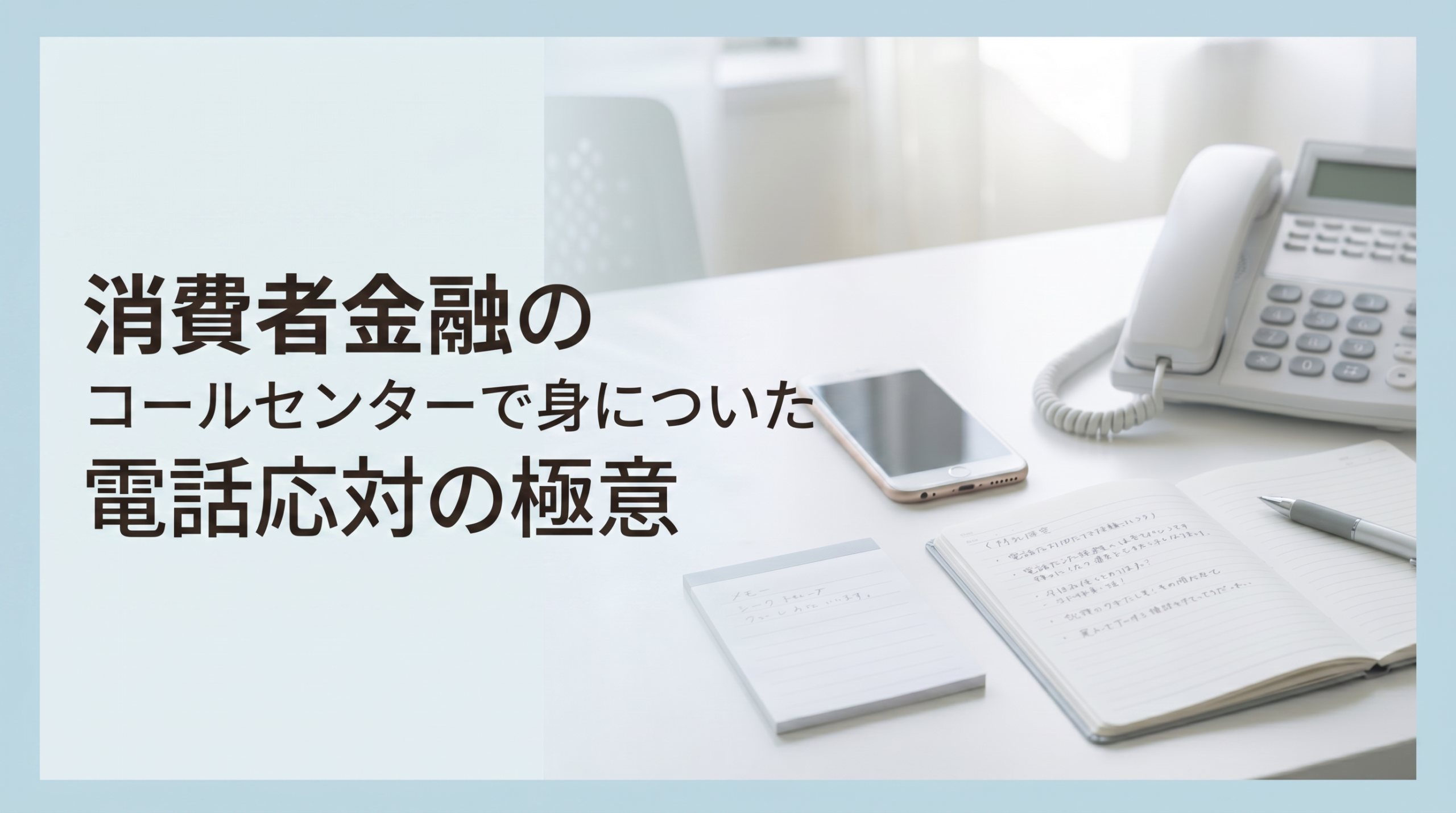 淡いブルーを基調に、電話やノート、メモをやさしく配置し、『消費者金融のコールセンターで身についた電話応対の極意』と表示したブログ用アイキャッチ画像。