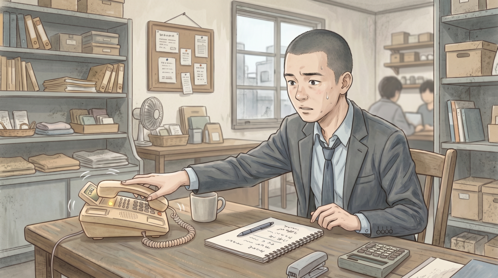 坊主に近い短髪の若い男性社員が、昔ながらの職場で鳴る電話を前に緊張しながら対応しようとしている様子を描いたイラスト。