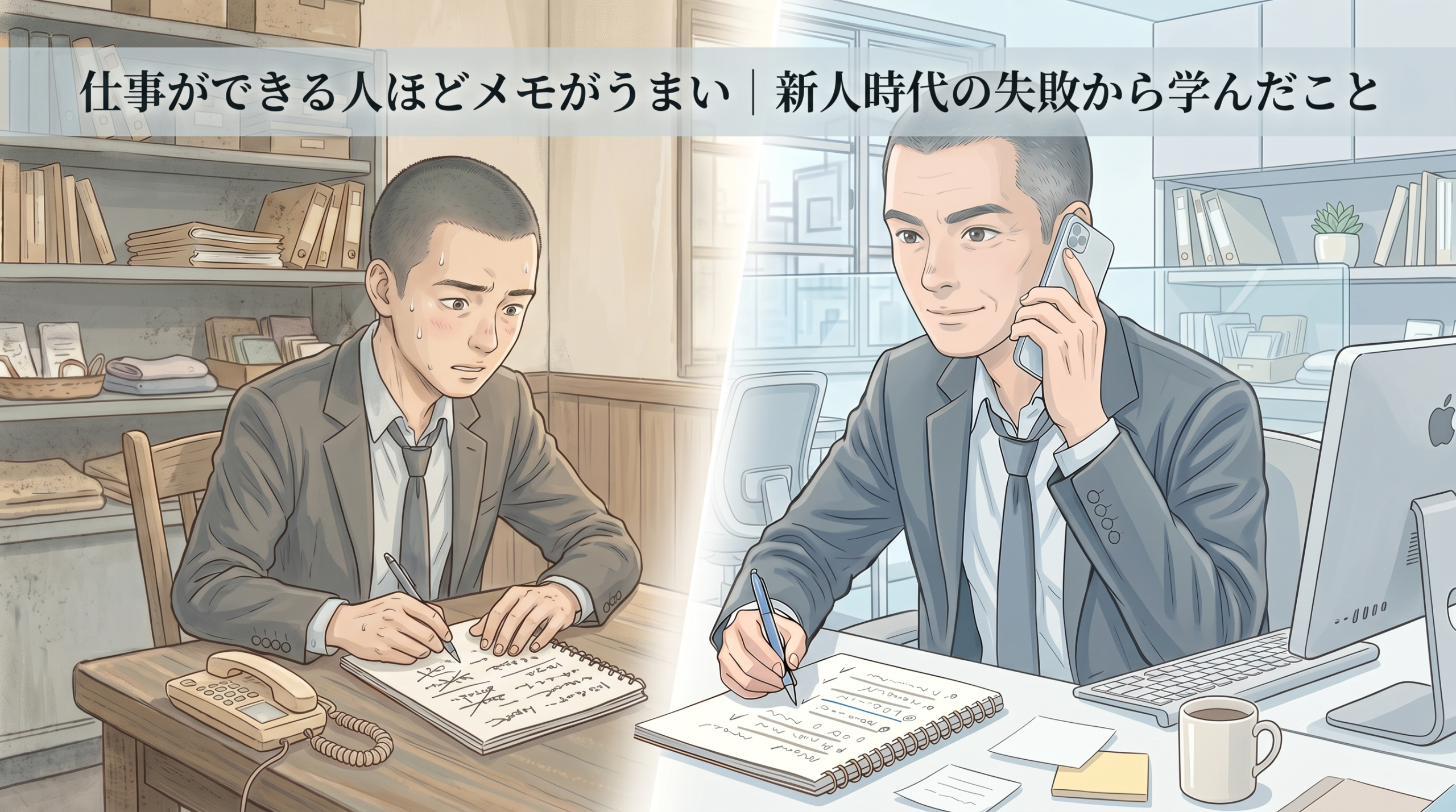 新人時代の不器用な自分と、経験を重ねて落ち着いた今の自分を対比しながら、メモを取る力の成長をやわらかく表現したブログ用アイキャッチ画像。