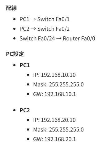 PC1とPC2の配線先およびIPアドレス、サブネットマスク、default gateway を整理した設定メモの画像。PC1は192.168.10.10、PC2は192.168.20.10として記載されている。