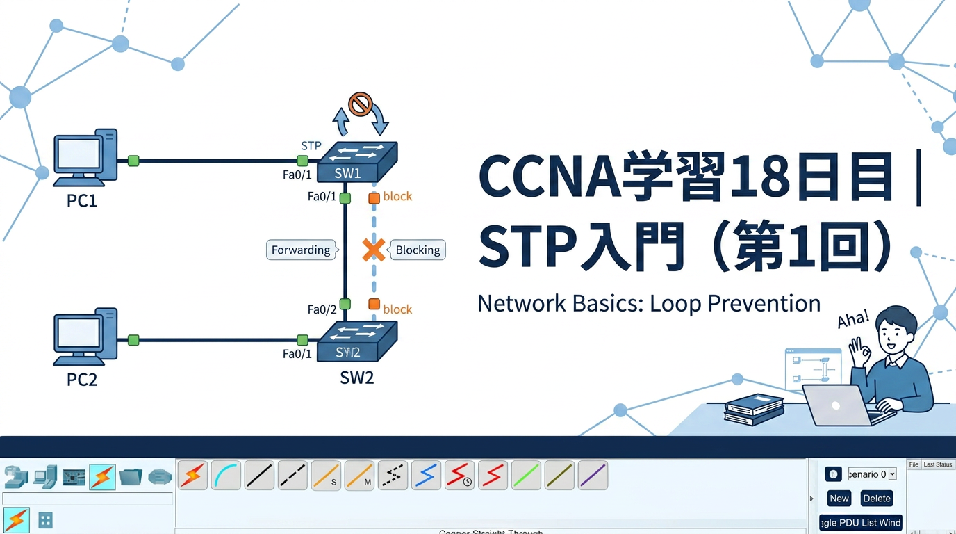 青を基調に、PC2台とスイッチ2台が2本のリンクで接続されたSTP学習用ネットワーク構成をイメージし、「CCNA学習18日目｜STP入門（第1回）」と表示したブログ用アイキャッチ画像。