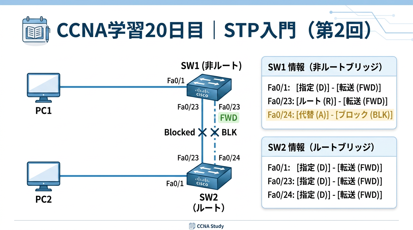 青を基調に、PC2台とスイッチ2台を2本のリンクで接続したSTP学習用ネットワーク構成をイメージし、「CCNA学習20日目｜STP入門（第2回）」と表示したブログ用アイキャッチ画像。