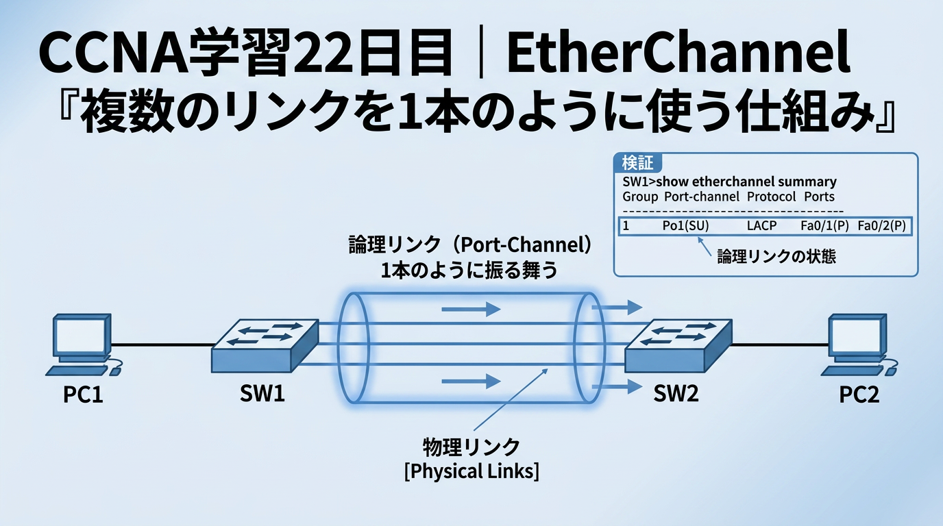 青を基調に、2台のスイッチと複数のネットワークリンクをイメージした構成の中に、「CCNA学習22日目｜EtherChannel『複数のリンクを1本のように使う仕組み』」と表示したブログ用アイキャッチ画像。
