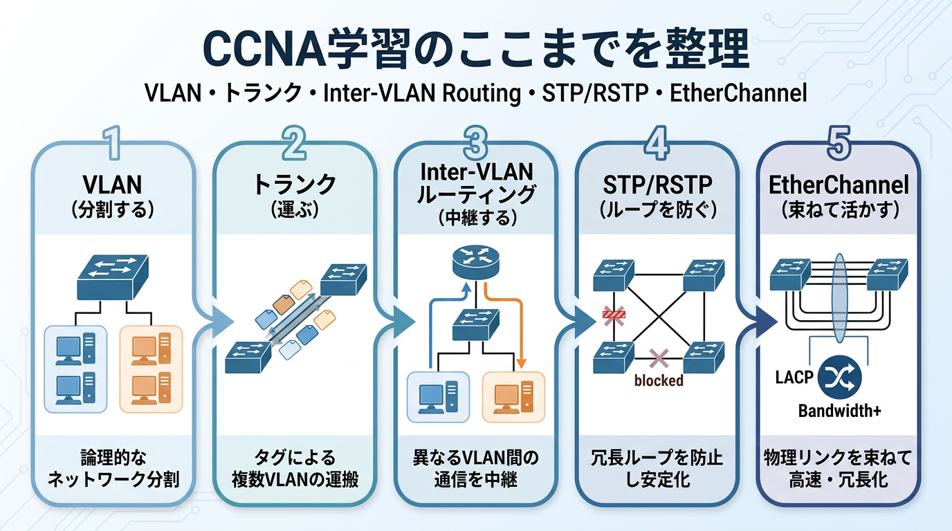 CCNA学習の流れをまとめた青系のロードマップ風デザインの中に、「CCNA学習のここまでを整理」と、VLAN・トランク・Inter-VLAN Routing・STP/RSTP・EtherChannelの学習項目を表示したブログ用アイキャッチ画像。