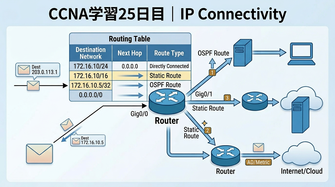 青を基調に、中央のルータとルーティングテーブル、OSPFルート・静的ルート・デフォルトルートの流れを図で整理し、「CCNA学習25日目｜IP Connectivity」と表示したブログ用アイキャッチ画像。