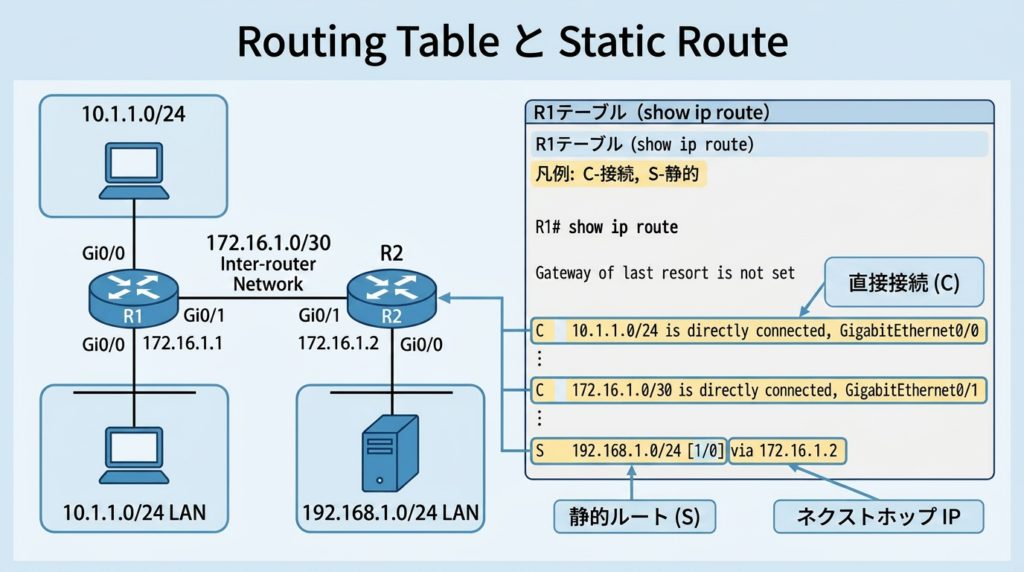 2台のルータと左右のLAN、ルータ間リンク、show ip route の表示を使って、Routing Table と Static Route の基本を整理したCCNA学習用の図解。