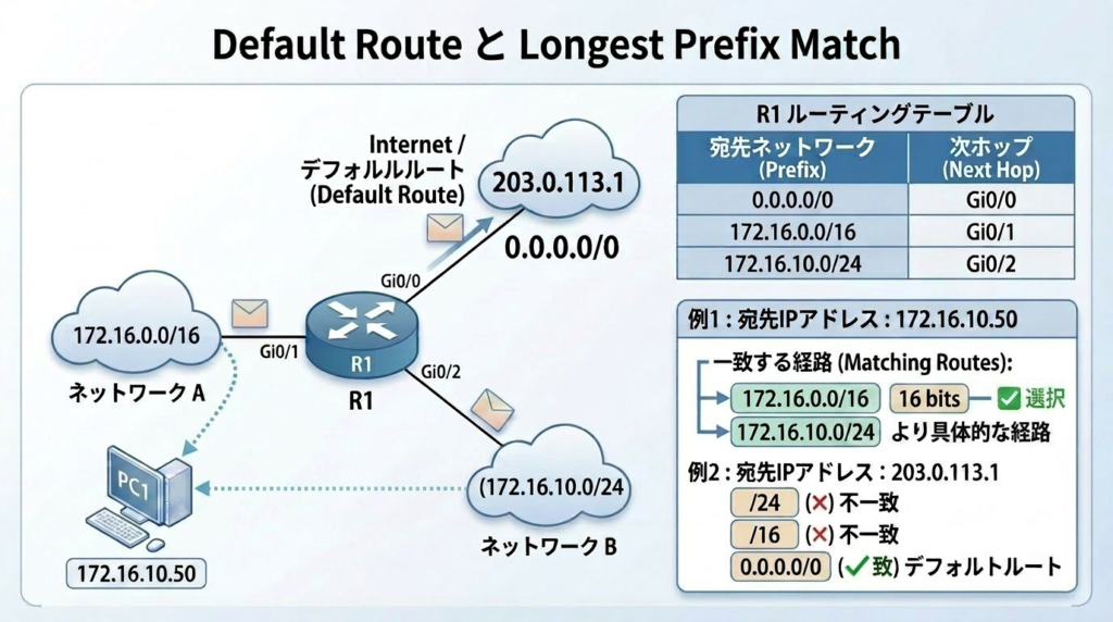R1のルーティングテーブルと宛先IPアドレスの例を使って、172.16.10.50 は 172.16.0.0/16 と 172.16.10.0/24 の両方に一致し、より具体的な /24 が選ばれることと、203.0.113.1 はデフォルトルートを使うことを整理したCCNA学習用の図解。