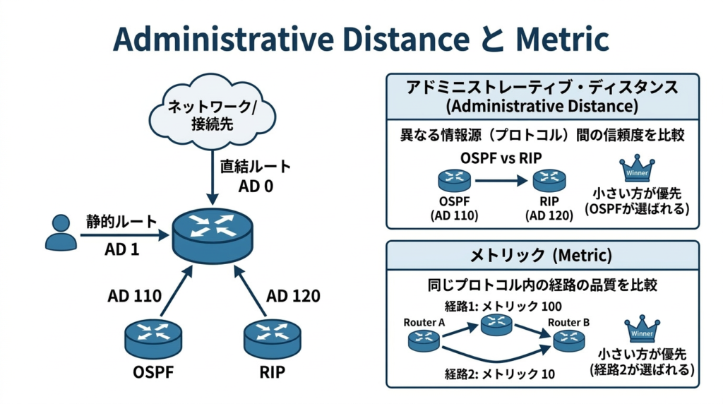 Router R1 に集まる直接接続、静的ルート、OSPF、RIP の経路情報を使って、Administrative Distance は異なる情報源の信頼度を比べるもの、Metric は同じルーティングプロトコル内で経路を比べるものだと整理したCCNA学習用の図解。