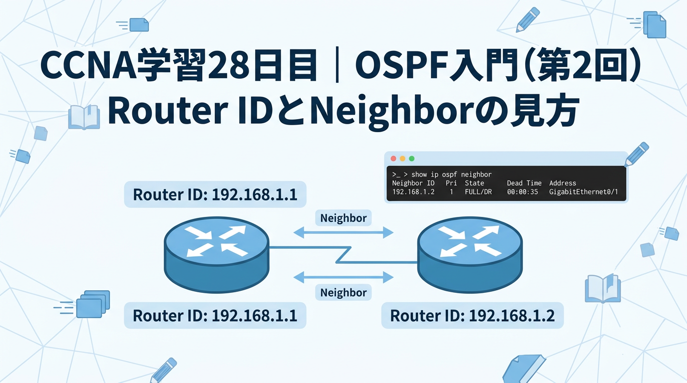 CCNA学習28日目のOSPF入門記事用アイキャッチ画像。Router ID と Neighbor の見方をテーマに、ルータ同士の関係や show ip ospf neighbor のイメージを青系デザインで表現している。