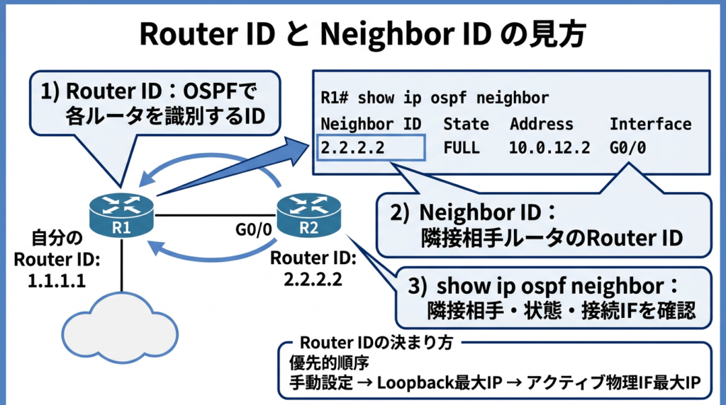 OSPFのRouter IDとNeighbor IDの見方を示した図。show ip ospf neighbor の出力例をもとに、Router IDは各ルータを識別するID、Neighbor IDは隣接相手ルータのRouter IDであること、確認項目として隣接相手・状態・接続インターフェースを見ることを説明している。