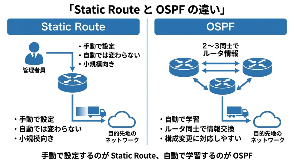 Static Route と OSPF の違いを比較した概念図。左は管理者が手動で経路を設定する Static Route、右はルータ同士で自動的に経路情報を交換して学習する OSPF を示している。