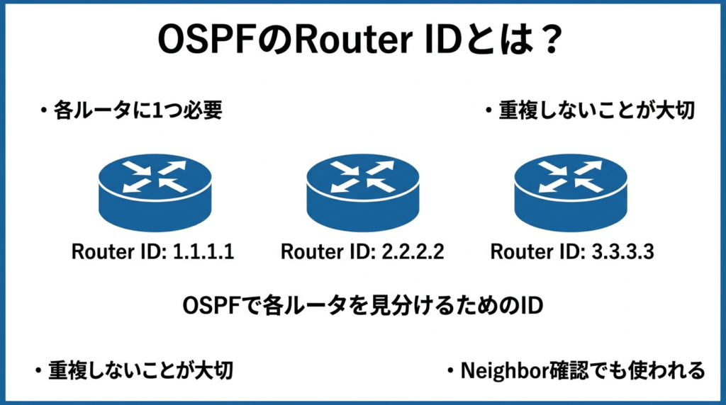 OSPFのRouter IDを説明した概念図。3台のルータにそれぞれ異なるRouter IDが付いており、OSPFで各ルータを見分けるための識別IDであることを示している。