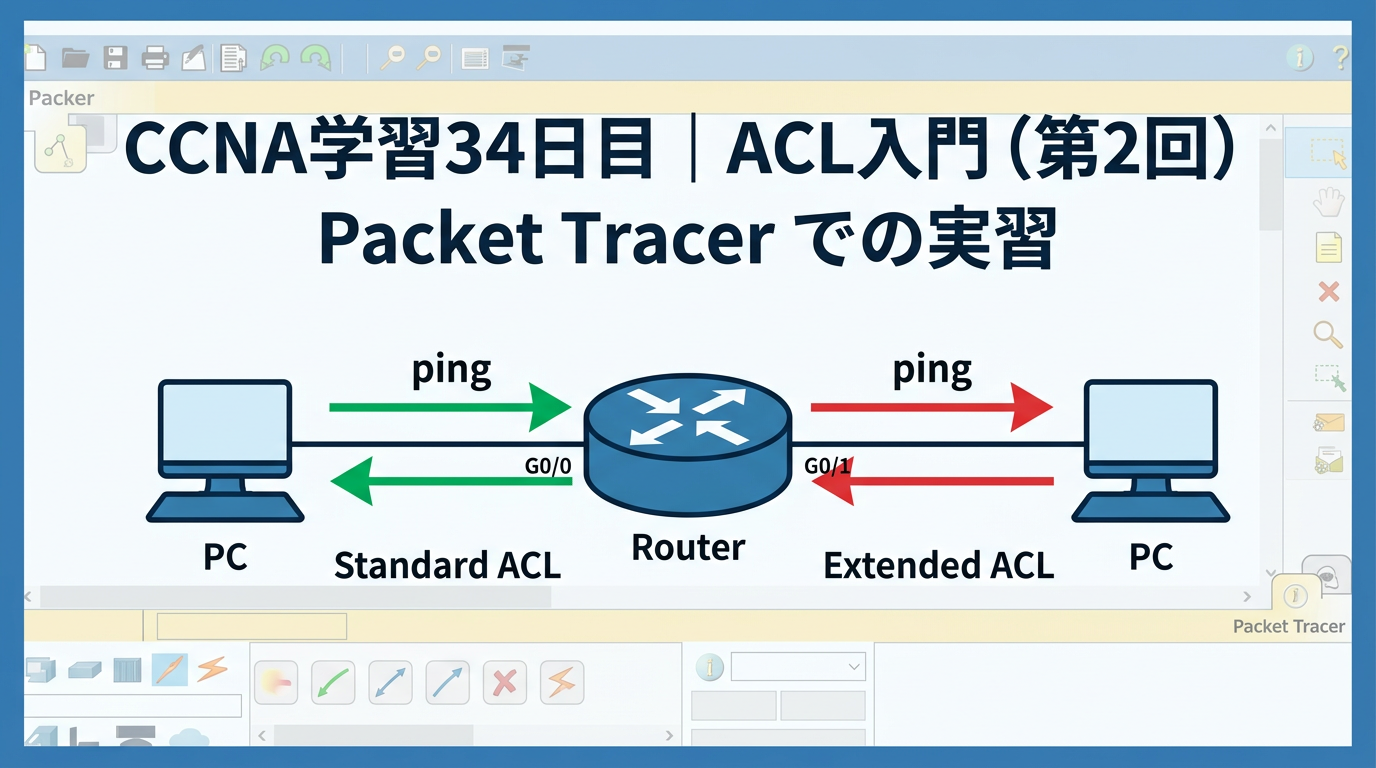 CCNA学習34日目のACL入門記事用アイキャッチ画像。左右にPC、中央にルータを配置し、pingの流れや Standard ACL と Extended ACL の通信制御イメージを青系デザインでまとめた、Packet Tracer実習向けの図解。