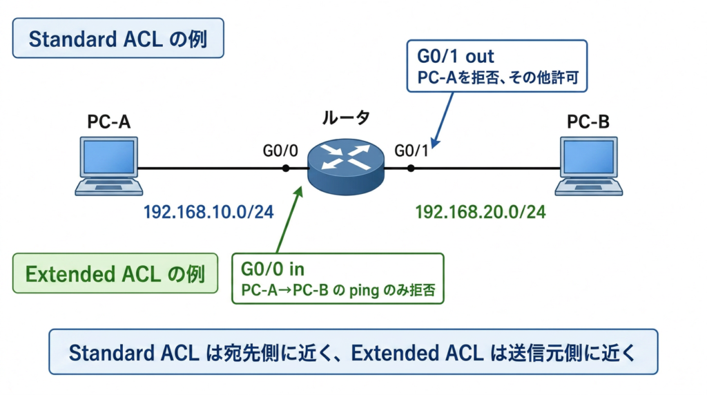Standard ACLとExtended ACLの配置位置の違いを示した図。PC-A、ルータ、PC-Bの構成で、Standard ACLは宛先側に近く、Extended ACLは送信元側に近く配置する考え方を説明している。