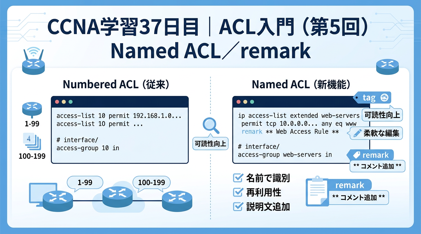 CCNA学習37日目のACL入門記事用アイキャッチ画像。Named ACL と remark をテーマに、番号付きACLとの違いや、名前で管理する分かりやすさを青系デザインで表現している。