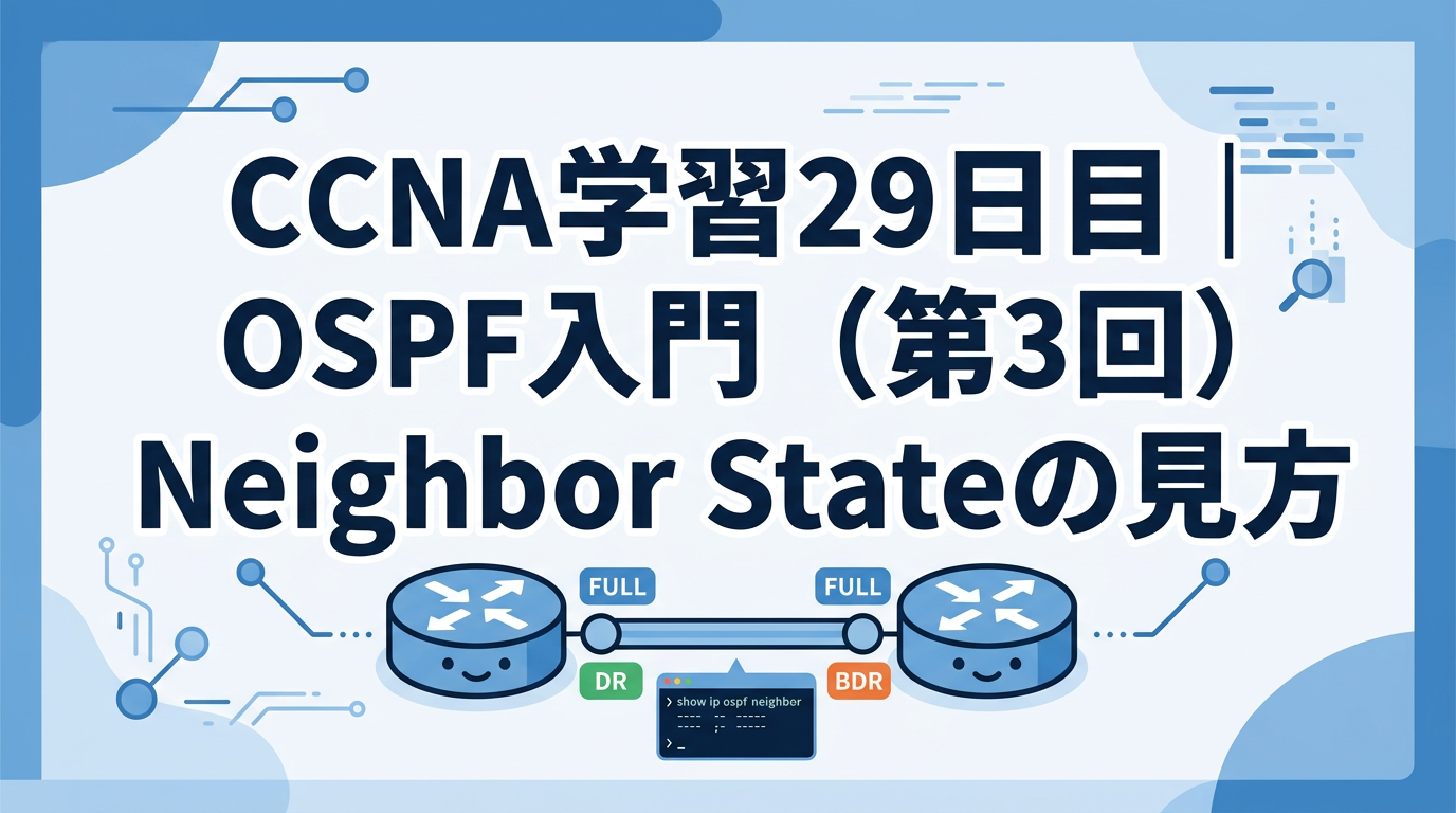 CCNA学習29日目のOSPF入門記事用アイキャッチ画像。Neighbor Stateの見方をテーマに、ルータ同士の接続、FULL、DR、BDR、show ip ospf neighbor のイメージを青系デザインで表現している。