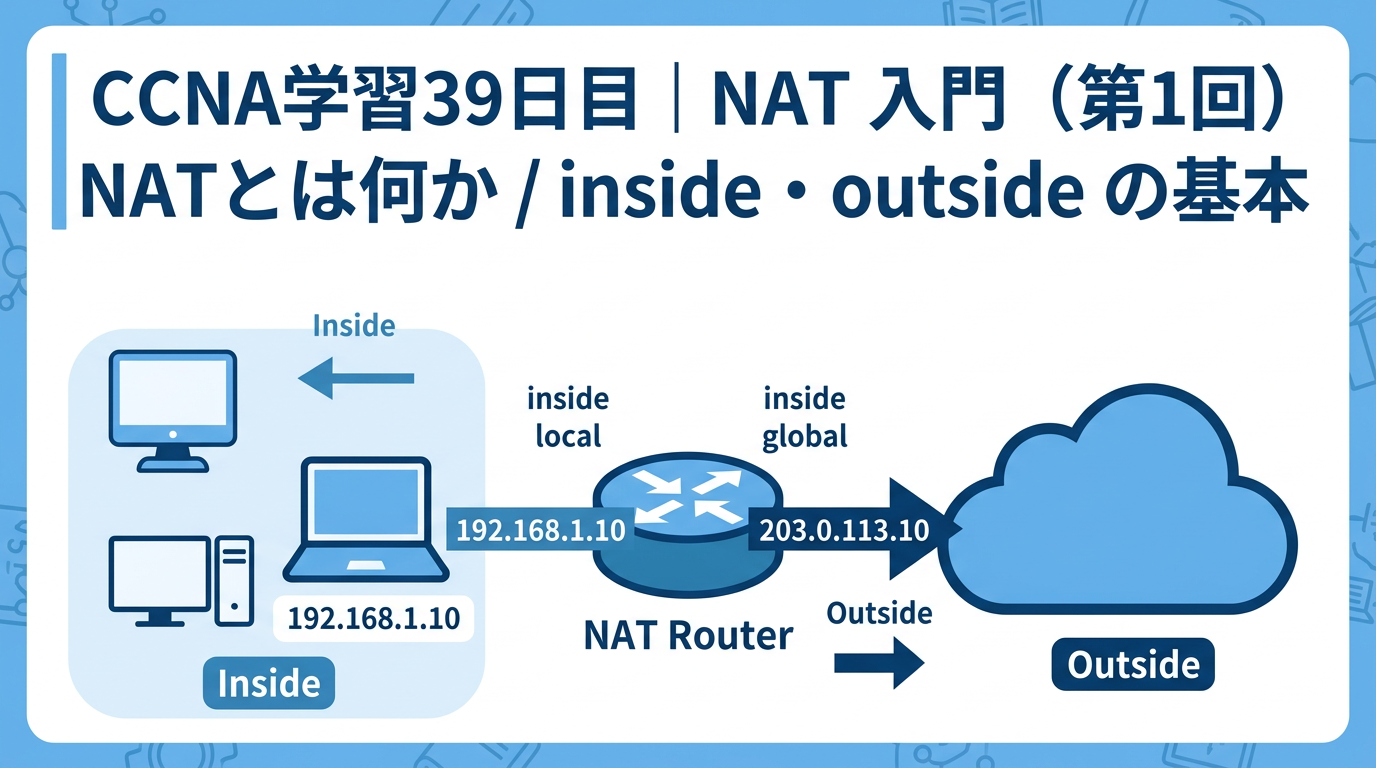 CCNA学習39日目のNAT入門記事用アイキャッチ画像。inside側のPC、NATルータ、outside側のクラウドを使って、内部アドレスが外部向けアドレスへ変換されるNATの基本を青系デザインで表現している。