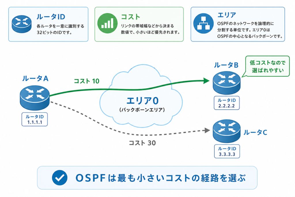 OSPFのルータID、コスト、エリア0の基本を示した図。ルータAからルータBとルータCへの経路を比較し、OSPFはホップ数ではなく最も小さいコストの経路を選ぶことを表した説明図