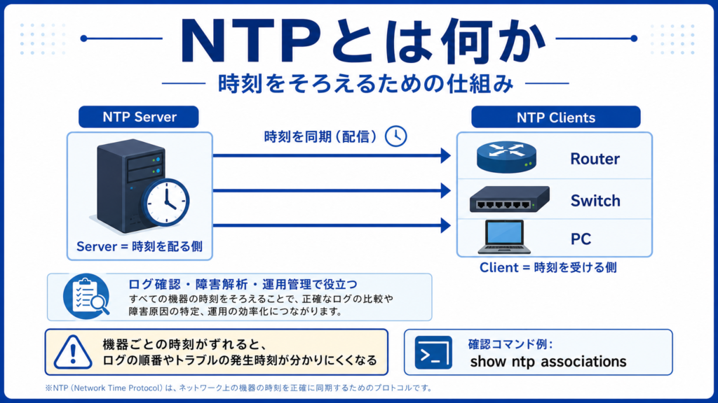 NTPとは何かを説明した図。NTP Server が時刻を配り、Router、Switch、PC などの NTP Client が時刻を受け取って同期する仕組みを示したイメージ