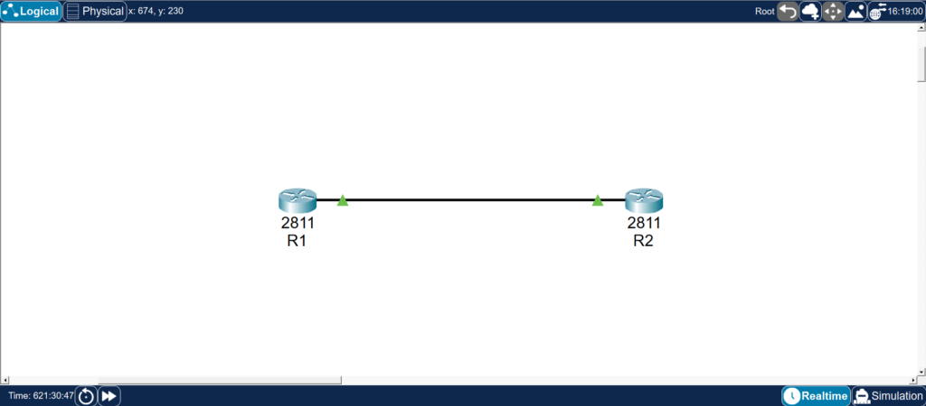 Packet Tracerで作成したNTP学習用の構成図。Cisco 2811のR1とR2を直接接続し、R1をNTP Master、R2をNTP Clientとして確認する最小構成のイメージ