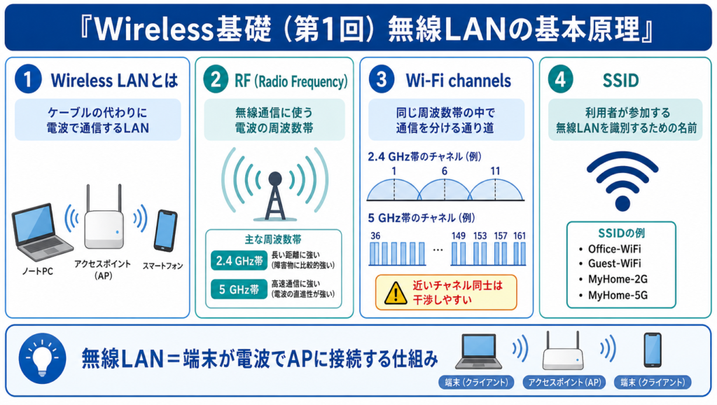 Wireless基礎（第1回）の基本用語を整理した図。Wireless LAN、RF、Wi-Fiチャネル、SSIDの意味と、端末が電波でAPに接続する仕組みを示した図解